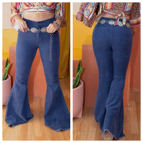 Lucky and Blessed Navy Blue Solid corduroy flared pants