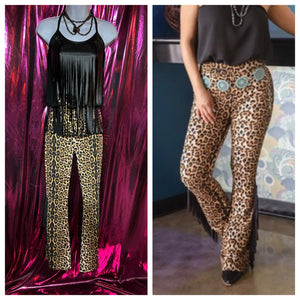 Amber Leopard Flare Pants W Fringes