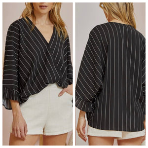 B&W Bell Sleeve Woven Striped Blouse