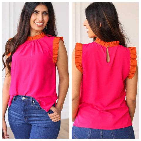 Pink and orange with flutter sleeves blouse