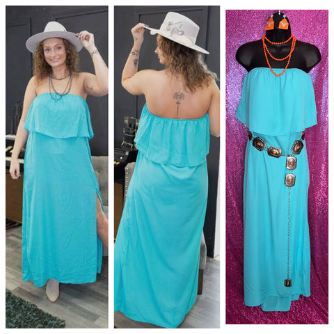 Turquoise Ruffle Maxi Slit Dress